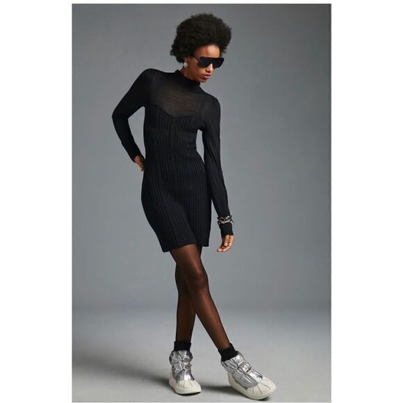 NEW By Anthropologie Turtleneck Fitted Bodycon Little Black Sweater Dress Small - Picture 4 of 4